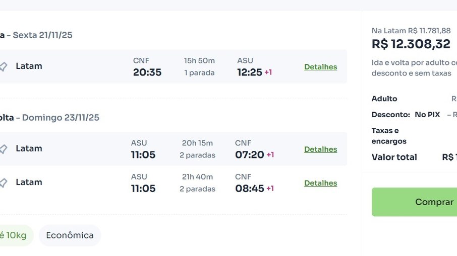 Passagem aérea BH-Assunção por mais de R$ 12 mil