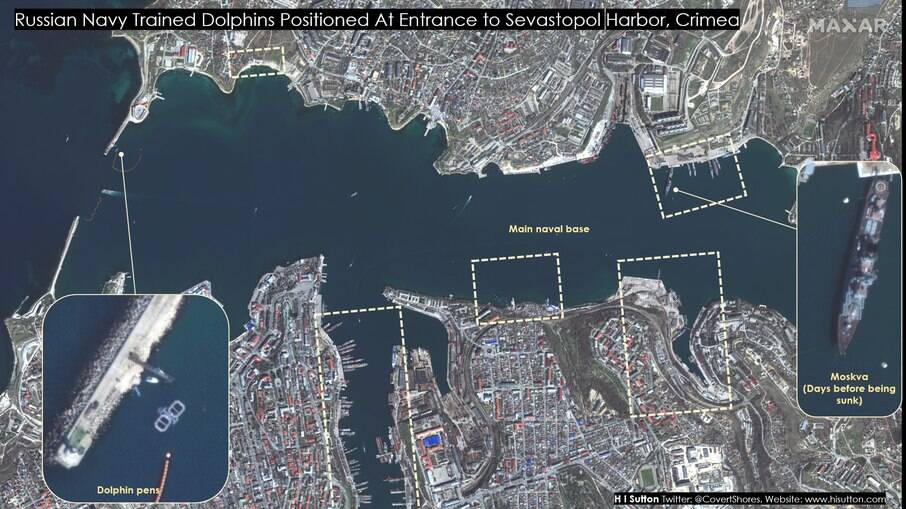 Fotos de satélite mostram que a Rússia colocou golfinhos treinados na entrada do porto de Sebastopol