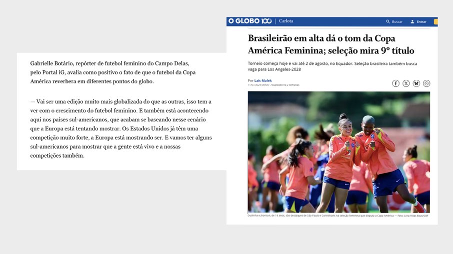 Jornal O Globo repercutiu a análise da repórter do Campo Delas, Gabrielle Botário, sobre a Copa América Feminina 