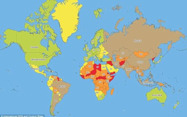 Saúde: Os países de baixo risco são marcados em verde; médio, em amarelo; alto, em laranja; muito alto em vermelho e aqueles que têm um 