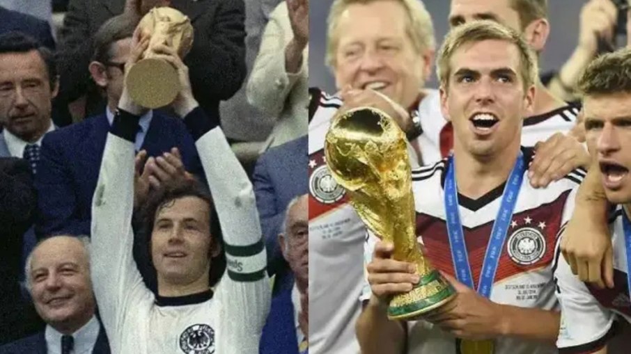 Lahm e Beckenbauer erguem a taça de campeões com a Alemanha