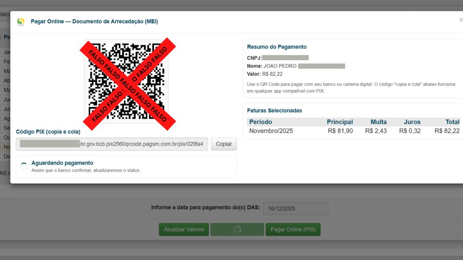 O site falso emite a suposta guia para pagamento diretamente na página, diferente da página oficial do Simples Nacional