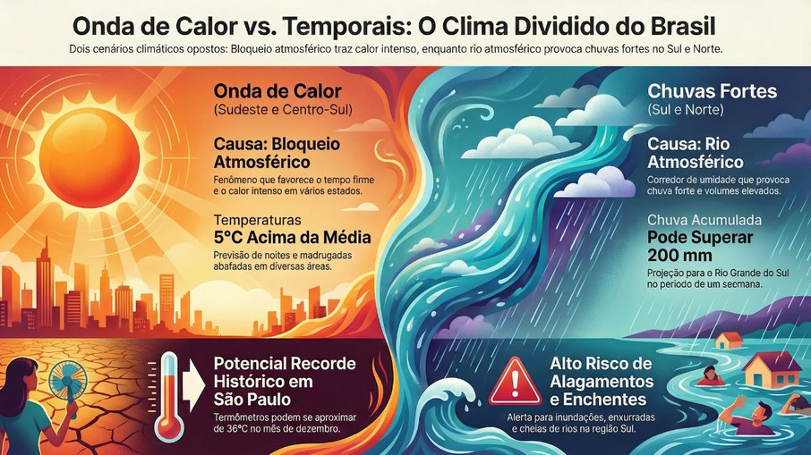 Previsão indica chuva forte no Sul e calor intenso no Sudeste nesta terça-feira (23)