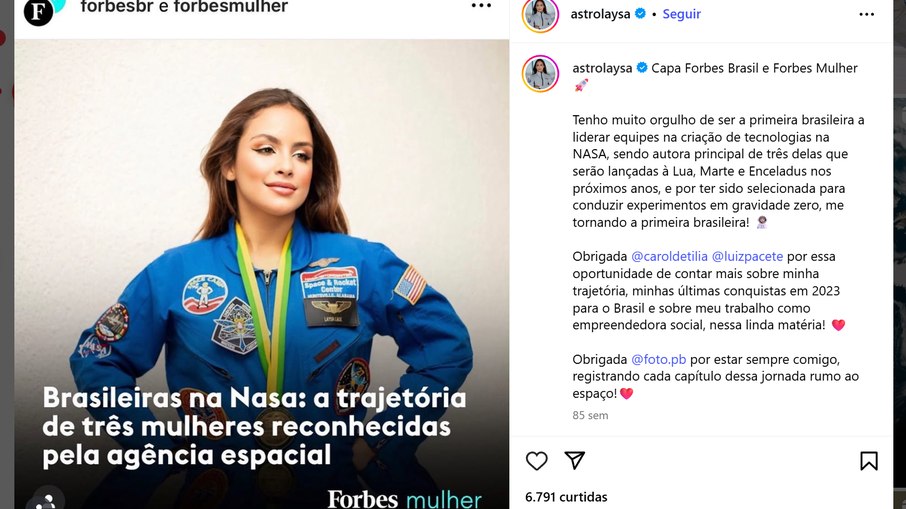 Post de Laysa com o print da Forbes, dizendo “Brasileiras na NASA” Post de Laysa com o print da Forbes, dizendo “Brasileiras na NASA”