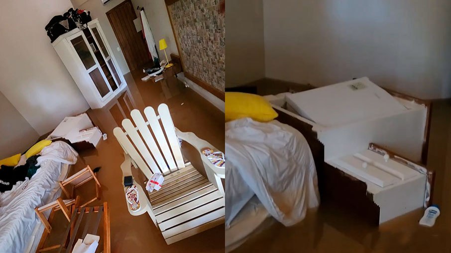 O quarto de Mariana Belém ficou inundado após as chuvas fortes em São Sebastião