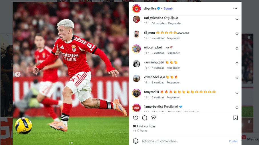 Convocação de Prestianni foi publicada pelo Benfica nas redes sociais