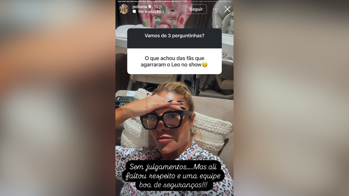 Fãs invadem palco em show de Leonardo e Poliana Rocha reage