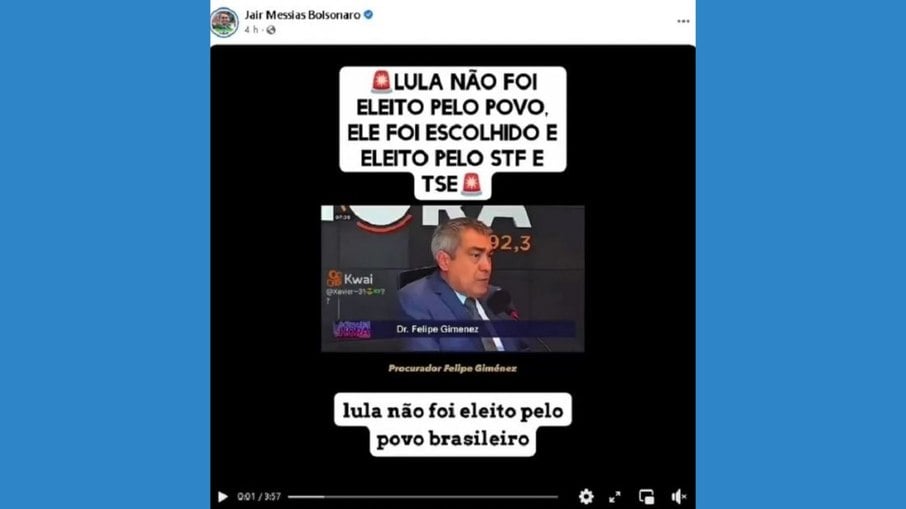 Bolsonaro posta vídeo e apaga com teor de que Lula não teria sido eleito pelo povo