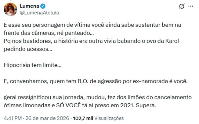 A ex-BBB rebateu comentários de Lucas Penteado sobre Karol Conká