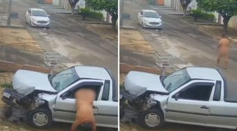 Homem pelado rouba carro, bate contra muro e foge a pé