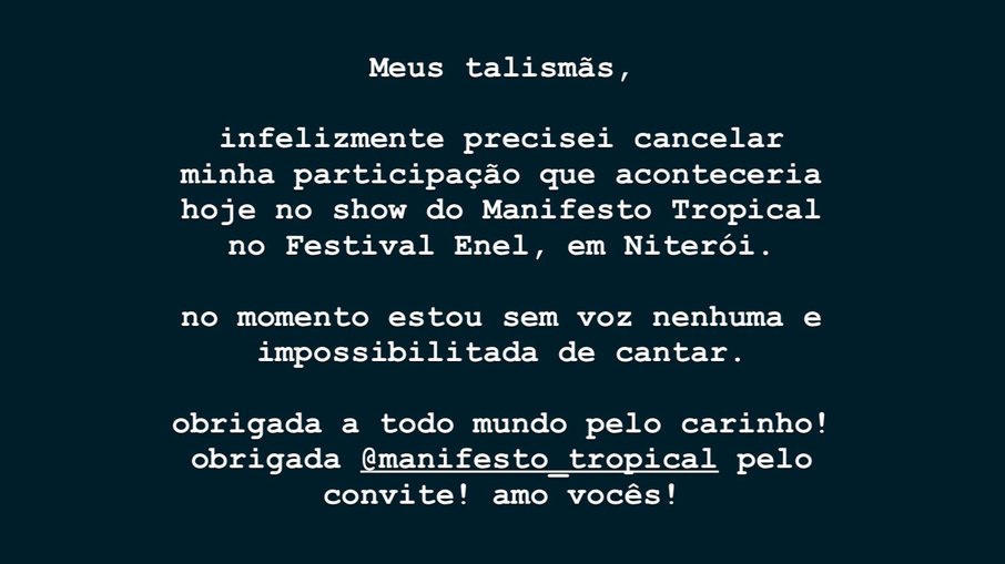 Iza colocou um aviso nos Stories do Instagram alertando sobre o cancelamento