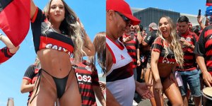 De biquíni fio-dental, Mulher Melão comemora títulos do Flamengo