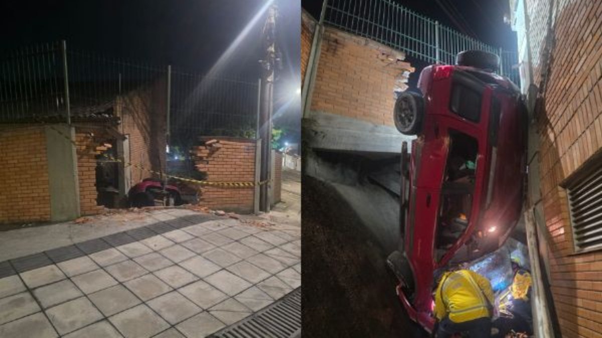 Sem controle, carro bateu no muro e caiu dentro da instituição Sem controle, carro bateu no muro e caiu dentro da instituição