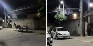 Cavalo desgovernado bate carroça em moto e destrói carro; assista