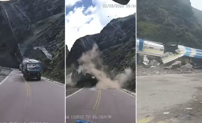 Pedra gigante desliza e esmaga caminhões no Peru