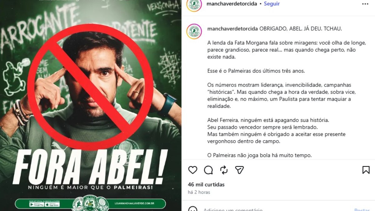 Torcida organizada do Palmeiras pede cabeça de Abel Ferreira