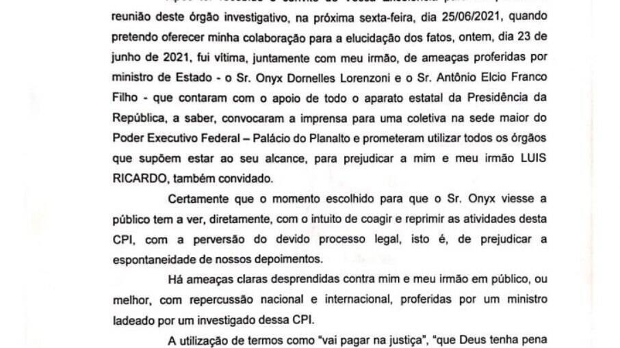 Carta enviada por Luís Miranda à CPI da Covid