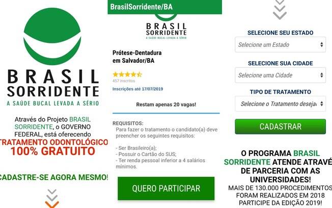 Captura de tela de golpe que tenta enganar brasileiros com tratamento gratuito odontológico