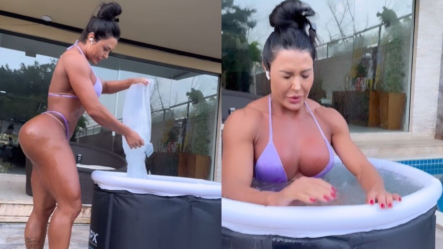 Gracyanne Barbosa se refrescou do calor em banheira de gelo