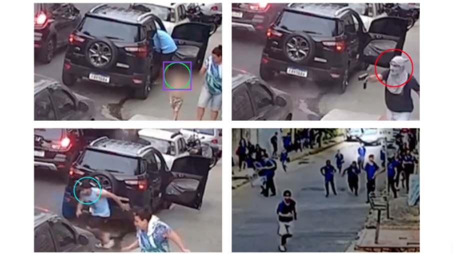 Momento em que bandido desse do carro e atira contra homem no meio da rua em Belo Horizonte; criança foi atingida na lombar