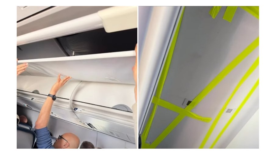 VÍDEO: teto de avião desaba e passageiros seguram com mãos VÍDEO: teto de avião desaba e passageiros seguram com mãos