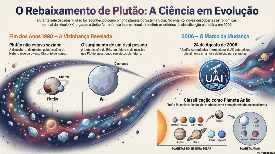 Infográfico mostra processo de mudança da classificação de Plutão. Infográfico mostra processo de mudança da classificação de Plutão.