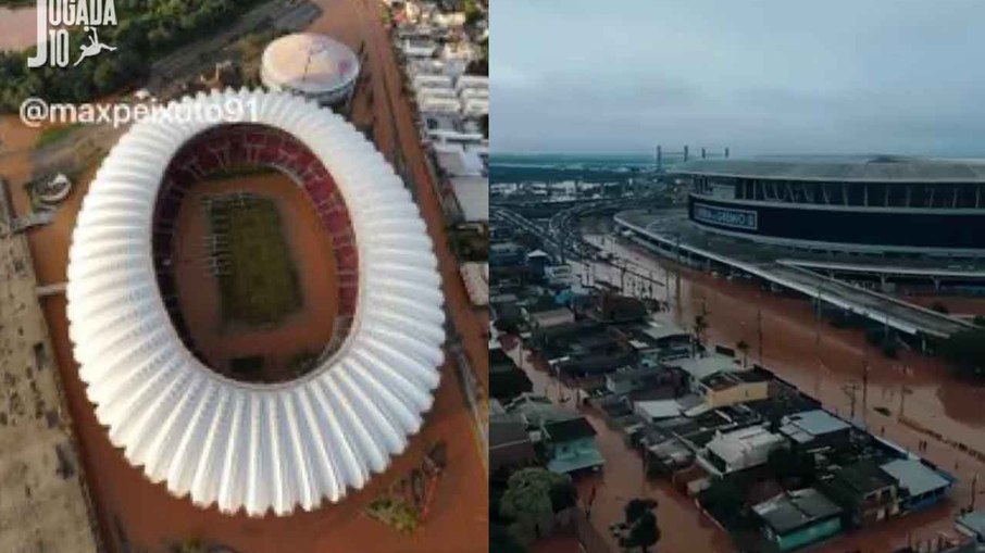 Estádios Beira-Rio, do Inter, e Arena do Grêmio completamente inundados pela água