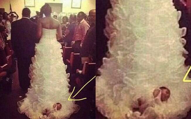 Noiva amarra o filho recém-nascido no vestido