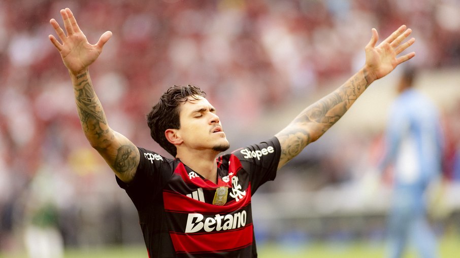 Pedro comemora o gol marcado na vitória sobre o Palmeiras Pedro comemora o gol marcado na vitória sobre o Palmeiras