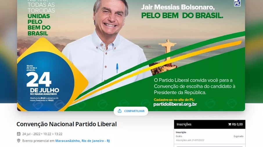 PL disponibilizou ingressos em site para convenção que vai oficializar a candidatura de Bolsonaro à reeleição