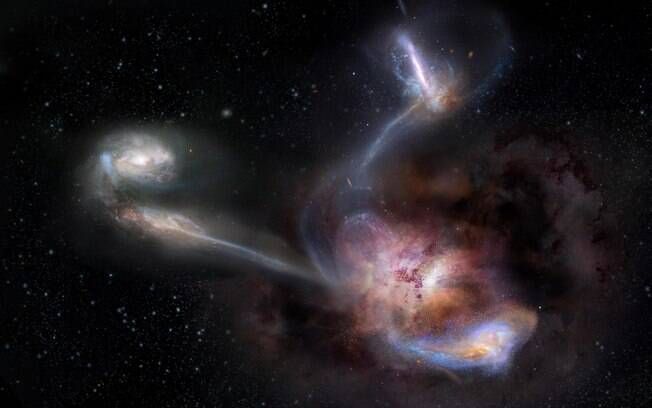 Impressão artística da colisão de galáxias W2246-0526,: a galáxia mais luminosa já vista no universo, e suas três companheiras
