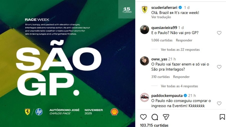 Ferrari comete gafe ao citar GP do Brasil e fãs não perdoam Ferrari comete gafe ao citar GP do Brasil e fãs não perdoam
