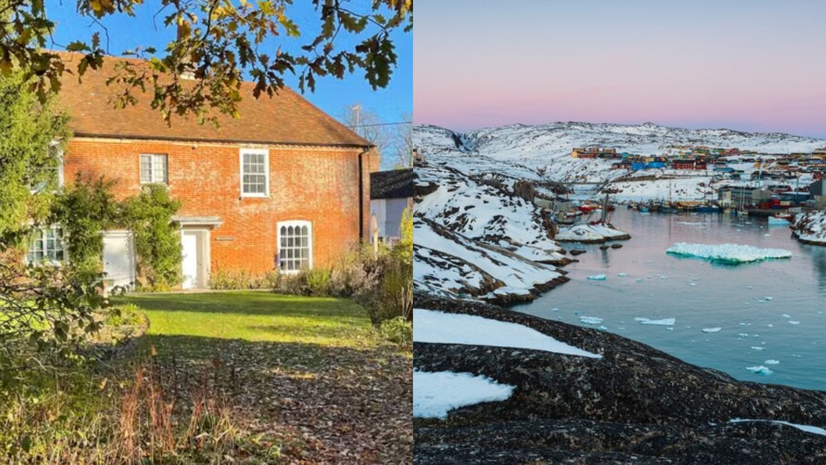 Casa de Jane Austen, em Hampshire, na Inglaterra; Groenlândia, à direita