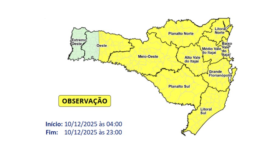 Defesa Civil coloca quase todo o estado em observação para instabilidade na quarta-feira (10)