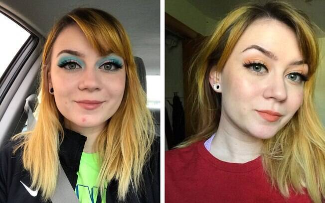 À esquerda, mulher faz maquiagem 