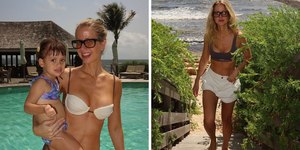 Gabriela Prioli curte praia com marido e filha nas férias