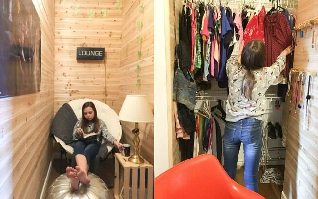 Menina usa o closet não só para guardar suas roupas, mas também para ler, conversar com amigos e assistir vídeos