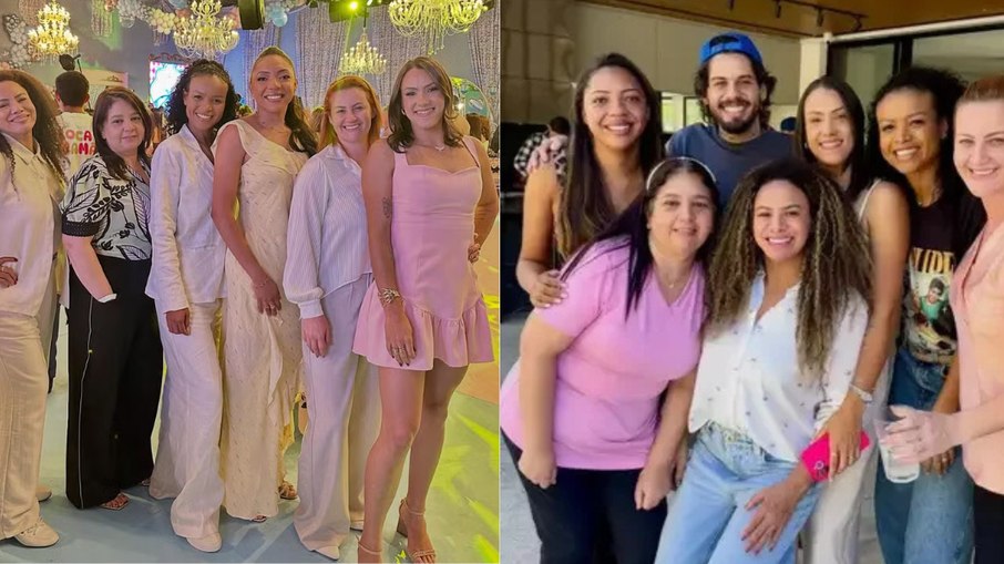 Babás de Virginia durante festa à esquerda. Babás posam para foto com Zé Felipe, à direita. Babás de Virginia durante festa à esquerda. Babás posam para foto com Zé Felipe, à direita.
