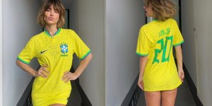 Carolina Dieckmmann usa camisa de Vini Jr. como vestido