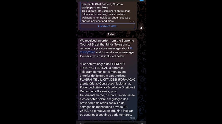Telegram deletou mensagem enviada nessa terça (9) e disparou retratação solicitada pelo ministro Alexandre de Moraes, do STF