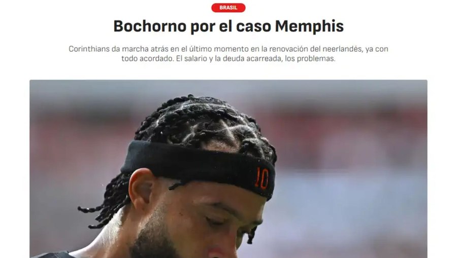 Jornal AS destaca a saída de Memphis do Corinthians