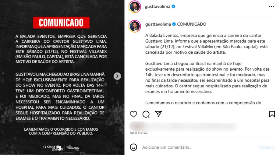 Gusttavo Lima é internado e show no VillaMix é cancelado