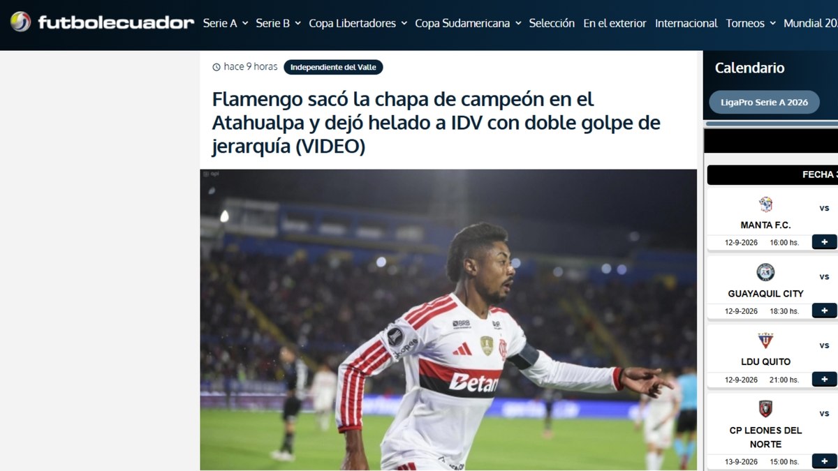Jornal do Equador exalta vitória do Flamengo