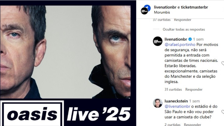 Live Nation entrou em saia justa com fãs do Oasis por proibição de camisas