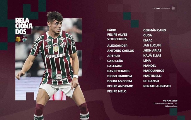 Veja a lista de relacionados do Fluminense para duelo com o Sampaio Corrêa no Espírito Santos 