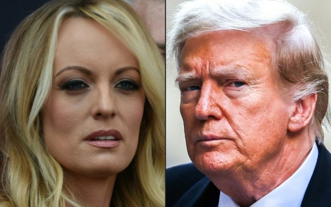 Combinação de fotos criadas em 12 de abril de 2024, da ex-atriz pornô Stormy Daniels em Hollywood, Califórnia, e do ex-presidente dos EUA Donald Trump em Nova York, em 25 de março de 2024