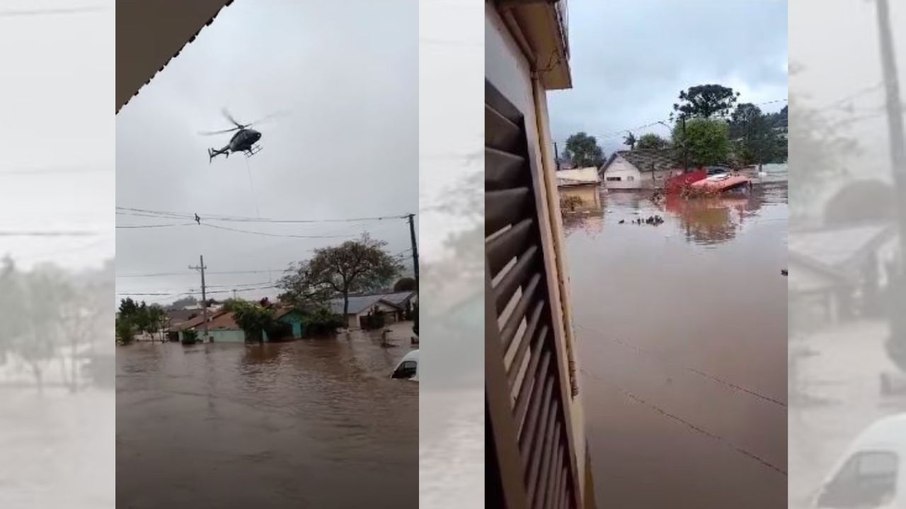 Helicóptero resgada moradores ilhados na cidade de Roca Saltes, Vale do Taquari, no Rio Grande do Sul