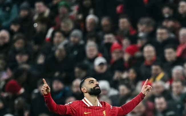 O atacante egípcio do Liverpool, Mohamed Salah, comemora um gol contra o Lille na Liga dos Campeões, em 21 de janeiro de 2025, em Anfield. O atacante egípcio do Liverpool, Mohamed Salah, comemora um gol contra o Lille na Liga dos Campeões, em 21 de janeiro de 2025, em Anfield.