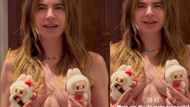 Luciana Gimenez faz topless com Labubu: "Qual vocês preferem?"