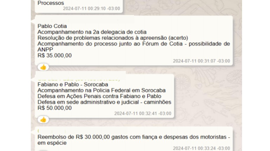 Em 11 de julho de 2024, Sidiclei voltou a entrar em contato com Thiago para cobrar seus honorários. Em 11 de julho de 2024, Sidiclei voltou a entrar em contato com Thiago para cobrar seus honorários.